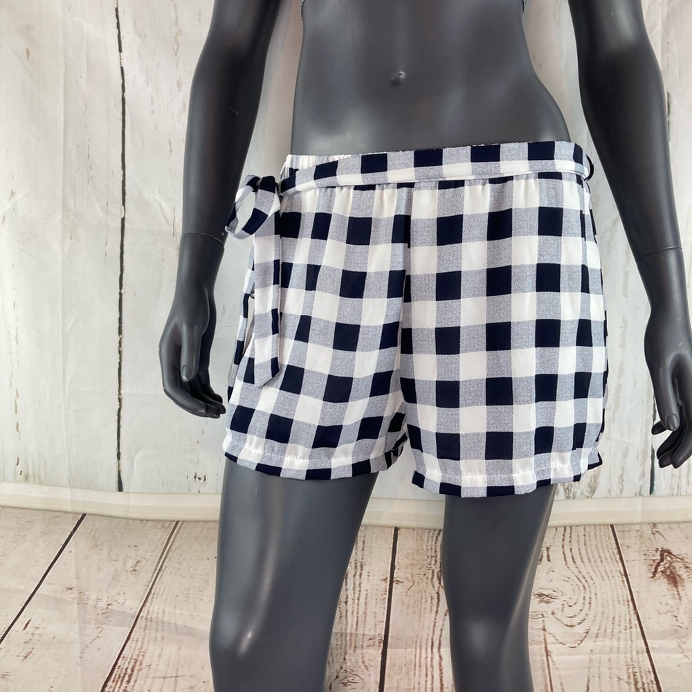 Blue and white gingham print shorts with tie